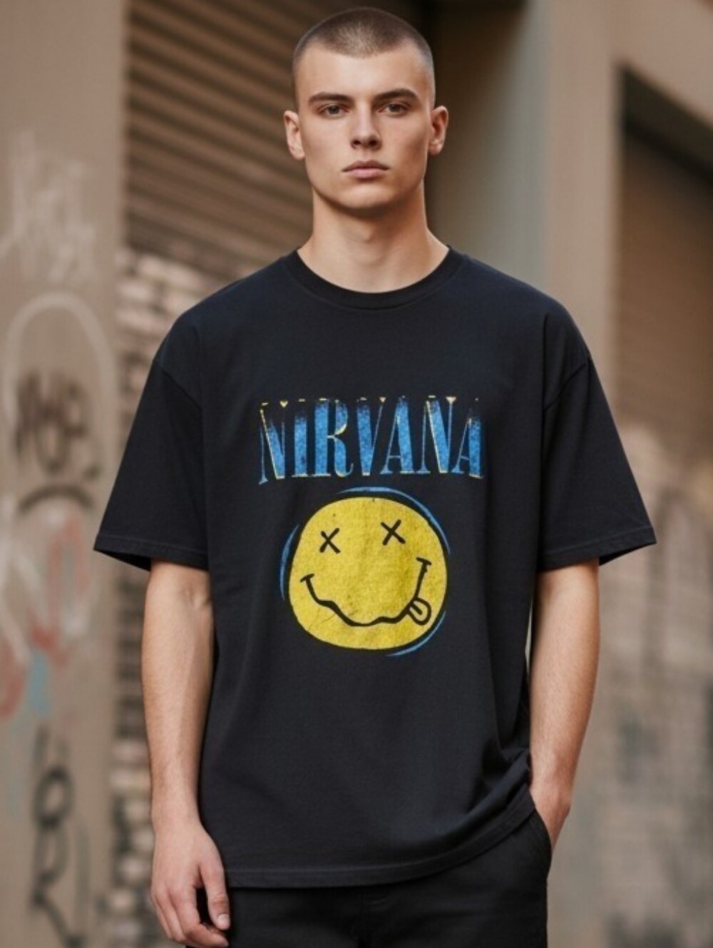 NIRVANA Black Tee with Yellow Smiley and Blue Text